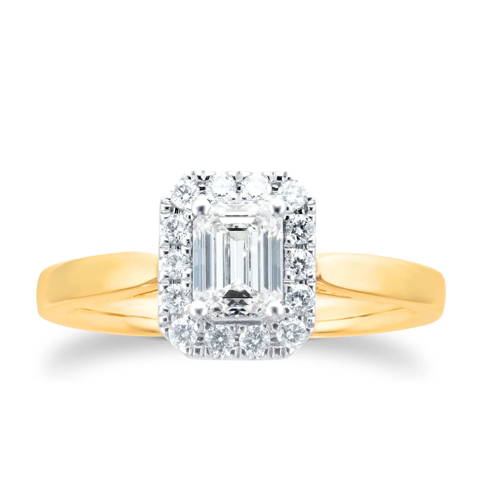 Goldsmiths 18ct Yellow Gold 0.90cttw Diamond Emerald Cut Halo Ring Goldsmiths 18ct Yellow Gold 0.90cttw Diamond Emerald Cut Halo Ring