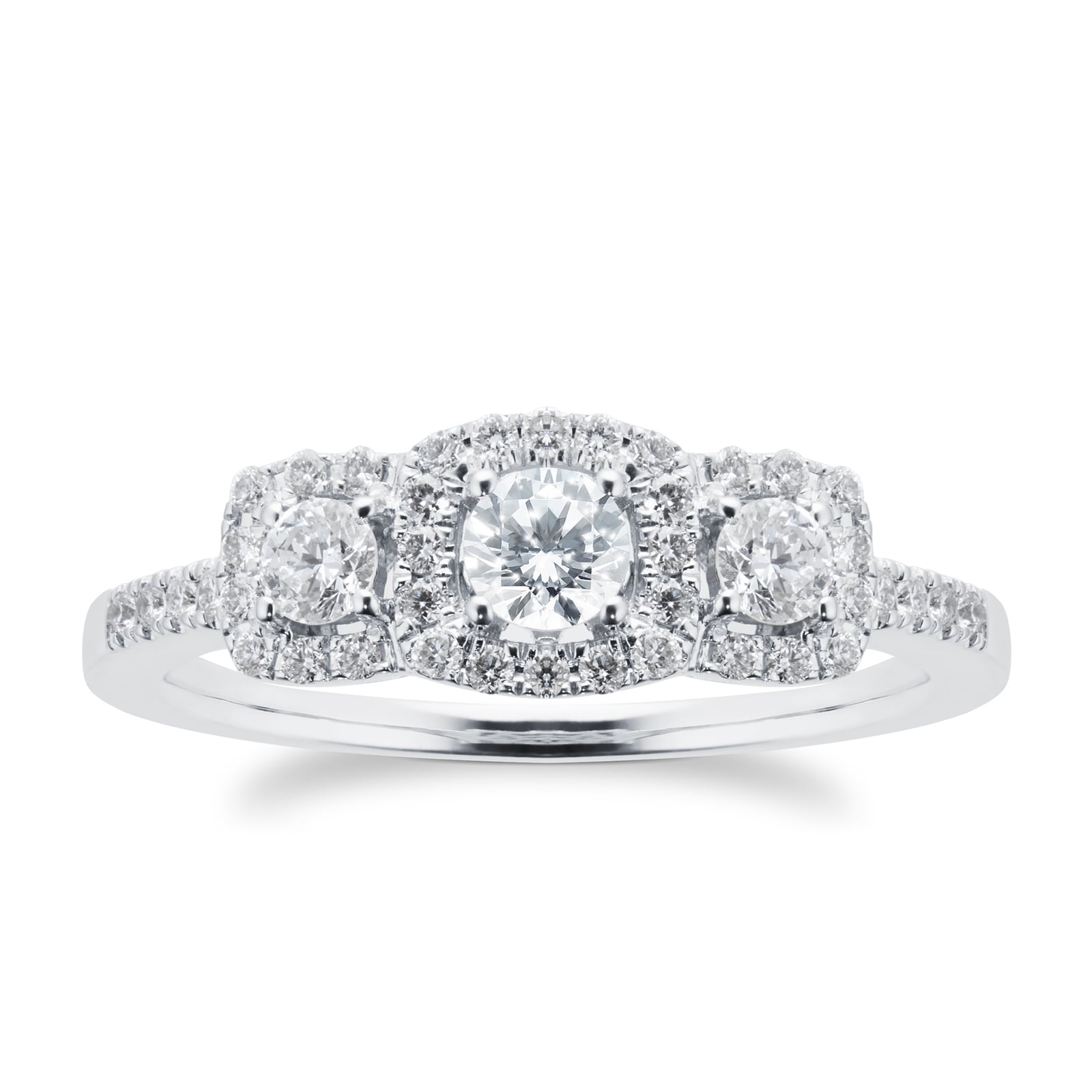 Goldsmiths 18ct White Gold Halo Cushion 0.50ct Goldsmiths Brightest Diamond Ring