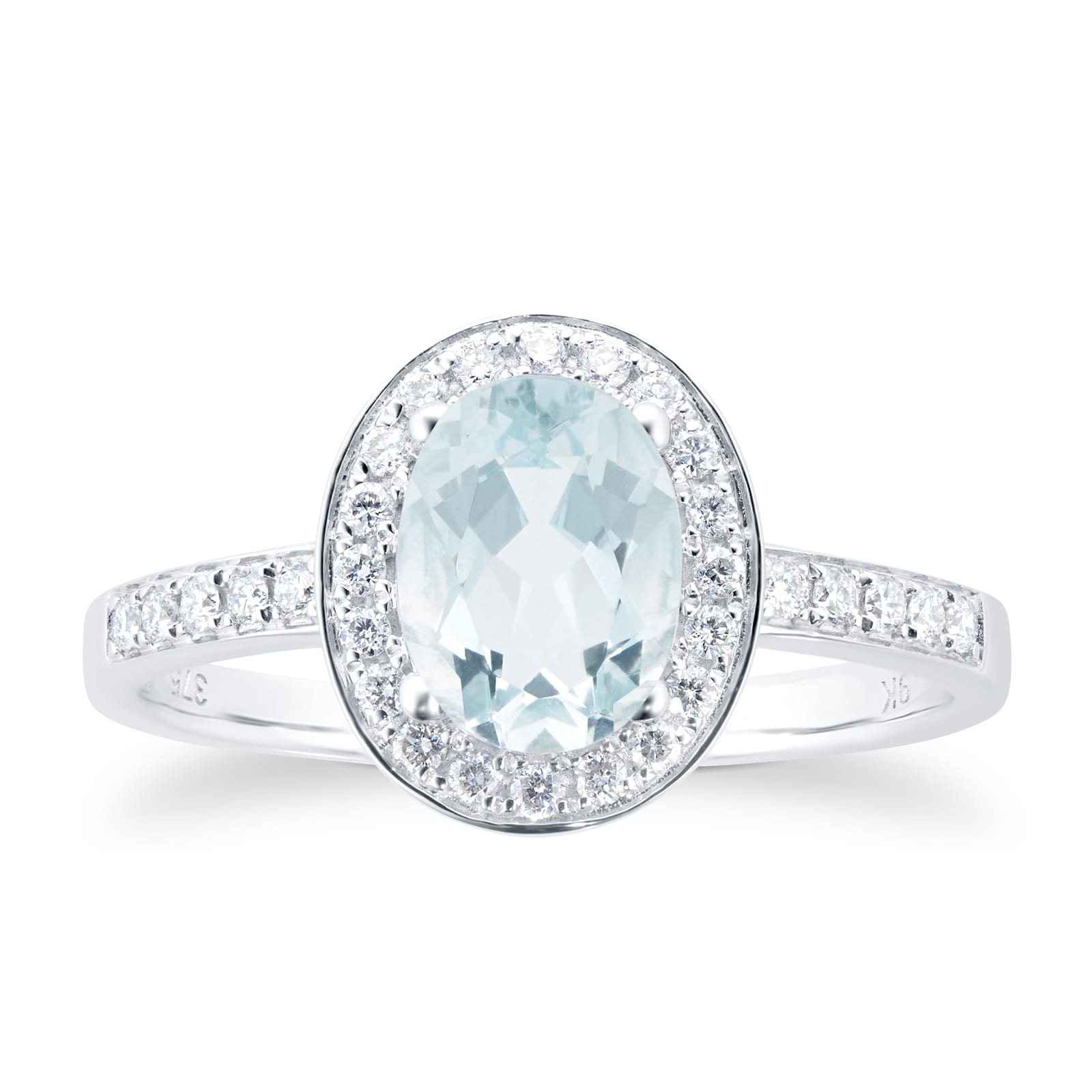 Goldsmiths 9ct White Gold Aquamarine & Diamond Halo Ring