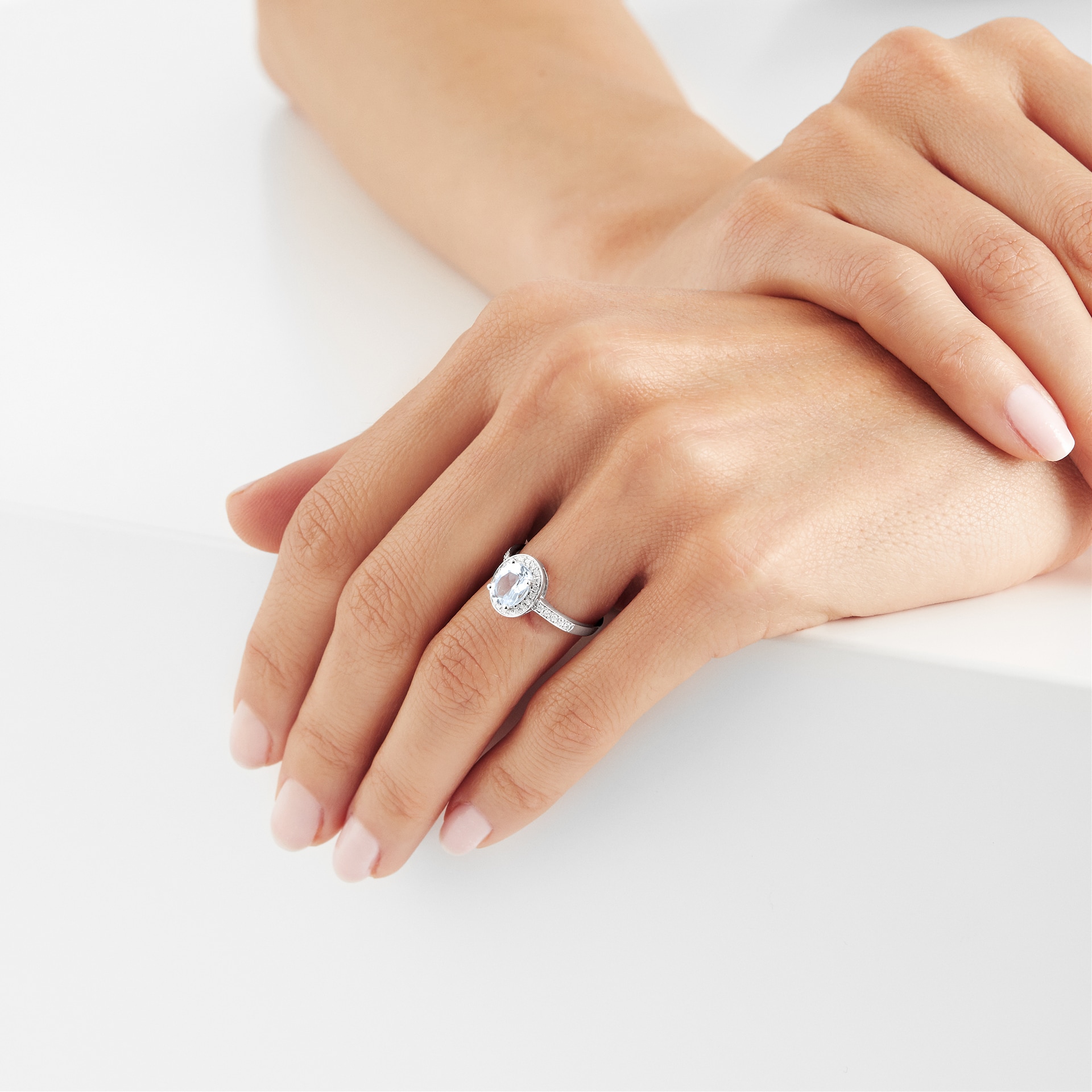 Goldsmiths 9ct White Gold Aquamarine & Diamond Halo Ring