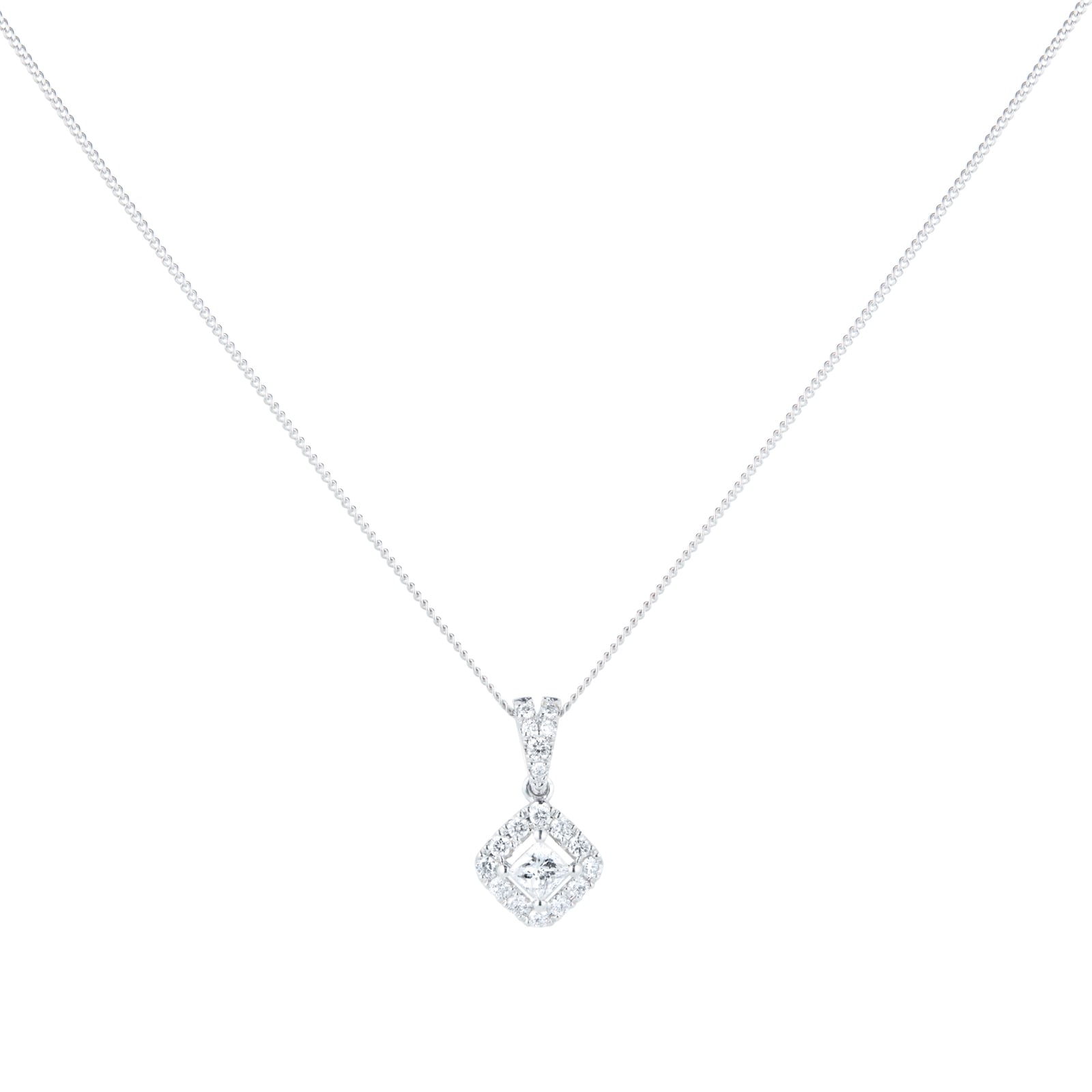 Goldsmiths 9ct White Gold 0.30ct Diamond Princess Cut Halo Pendant Goldsmiths 9ct White Gold 0.30ct Diamond Princess Cut Halo Pendant