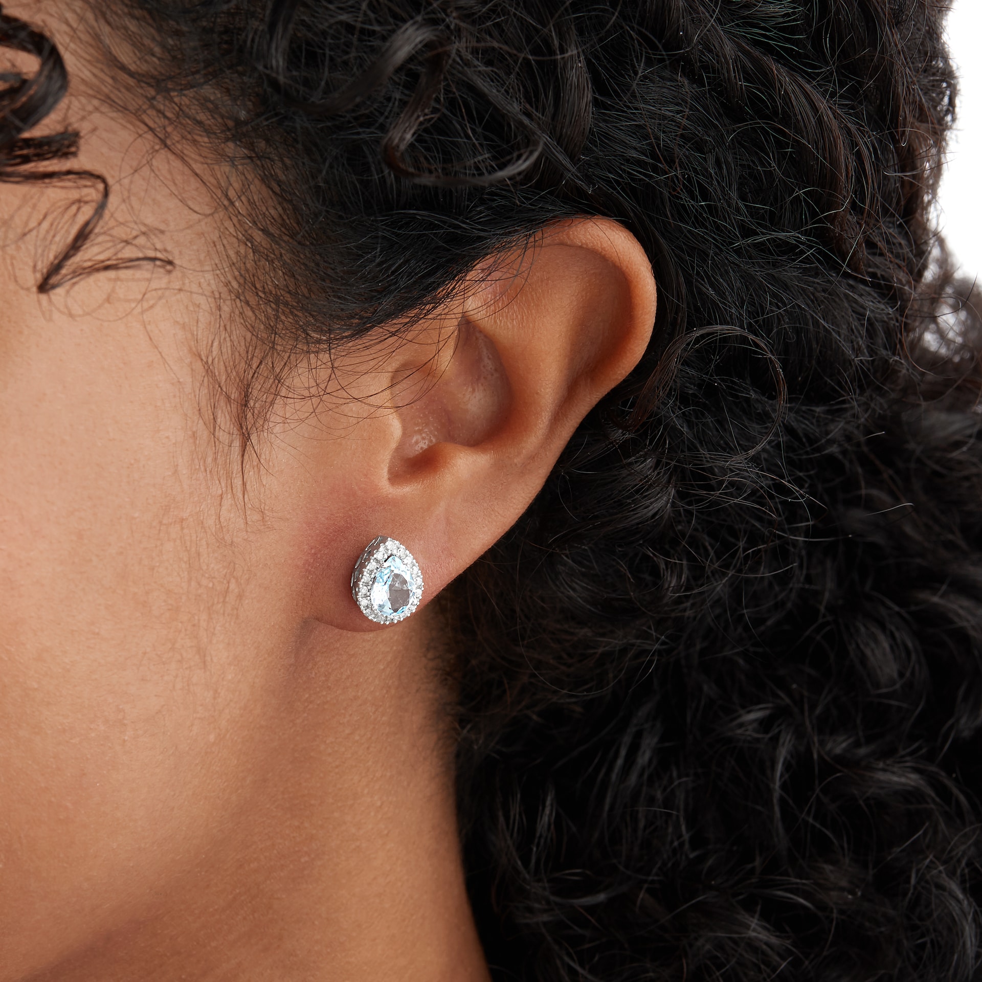 Goldsmiths 9ct White Gold Blue Topaz & Diamond Pear Halo Stud Earrings Goldsmiths 9ct White Gold Blue Topaz & Diamond Pear Halo Stud Earrings