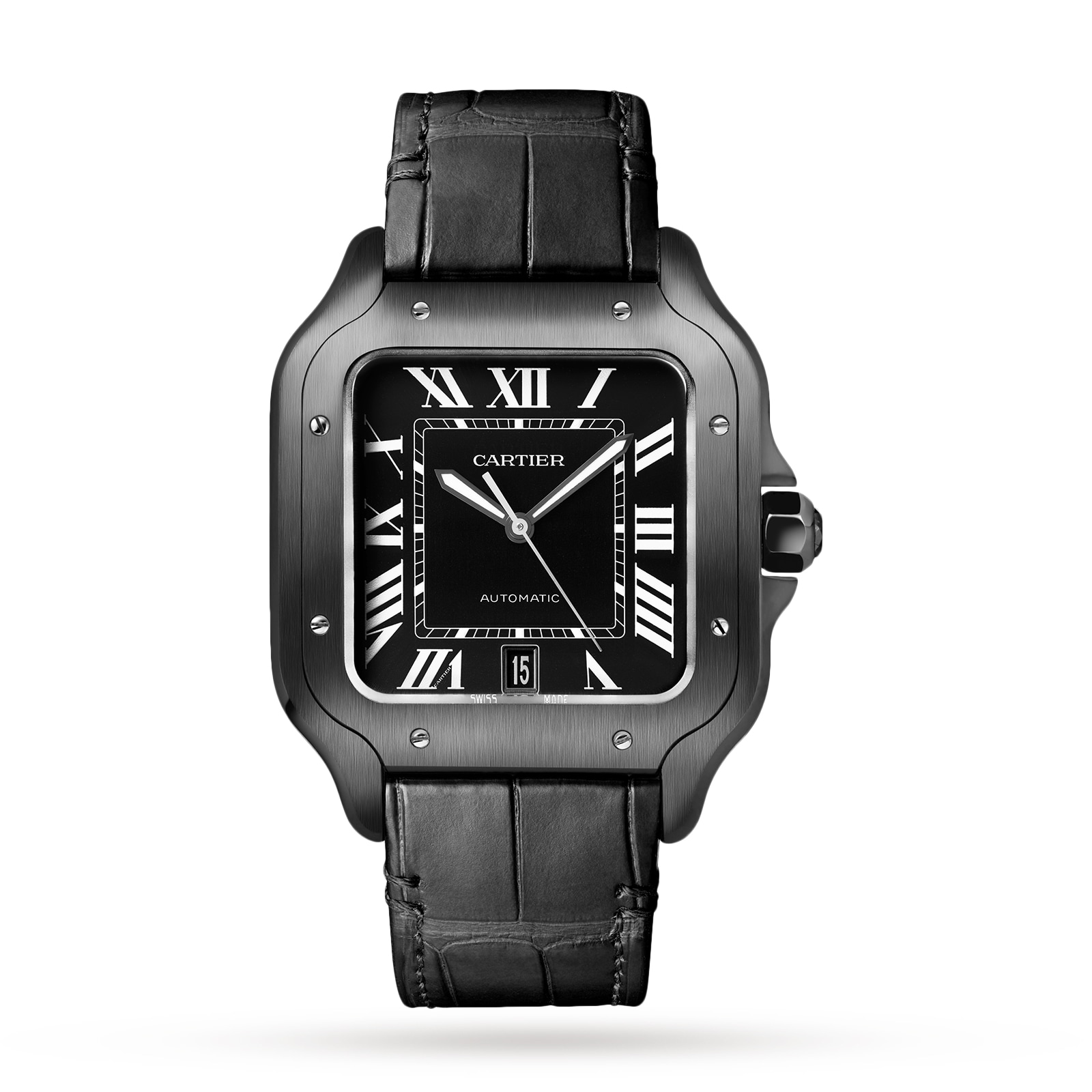 Cartier Santos De Cartier Watch Large Model, Automatic Movement, Steel, ADLC, Interchangeable Rubber And Leather Bracelets